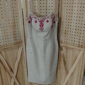 GEOMETRIE Linen Strapless Embroidered Dress Size 8 NWT